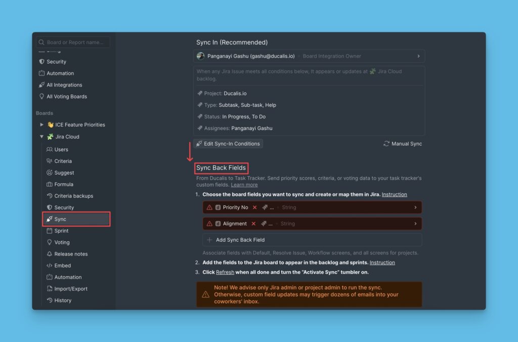 Sync-Back-Felder-Bereich