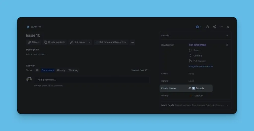 Jira での同期データの例