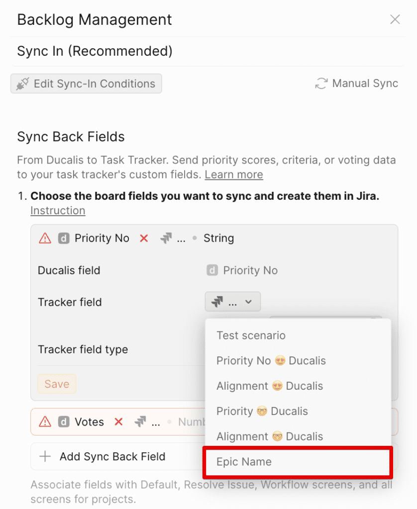 同期設定でのフィールドマッピング