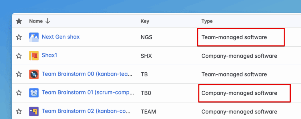 企業管理または チーム管理を示すプロジェクトタイプ列