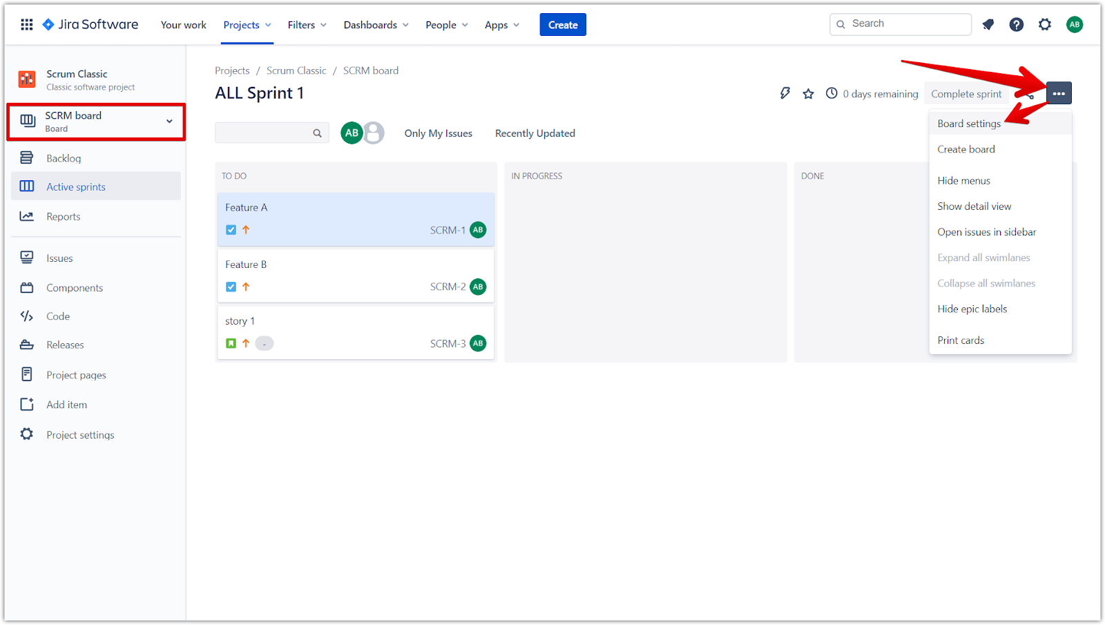 Menüoption Board-Einstellungen