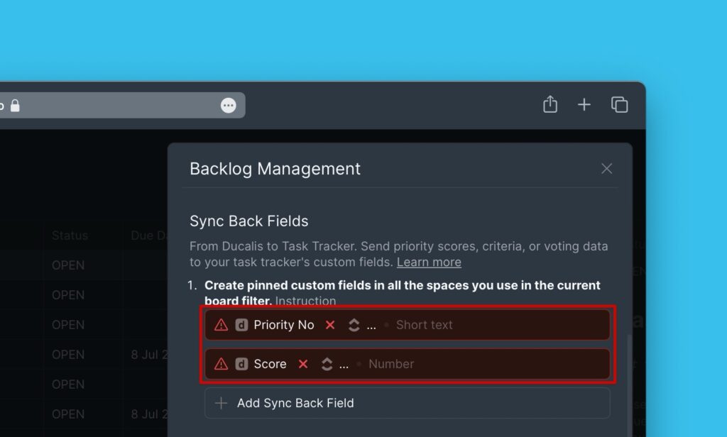 Angezeigte Standard-Sync-Back-Felder