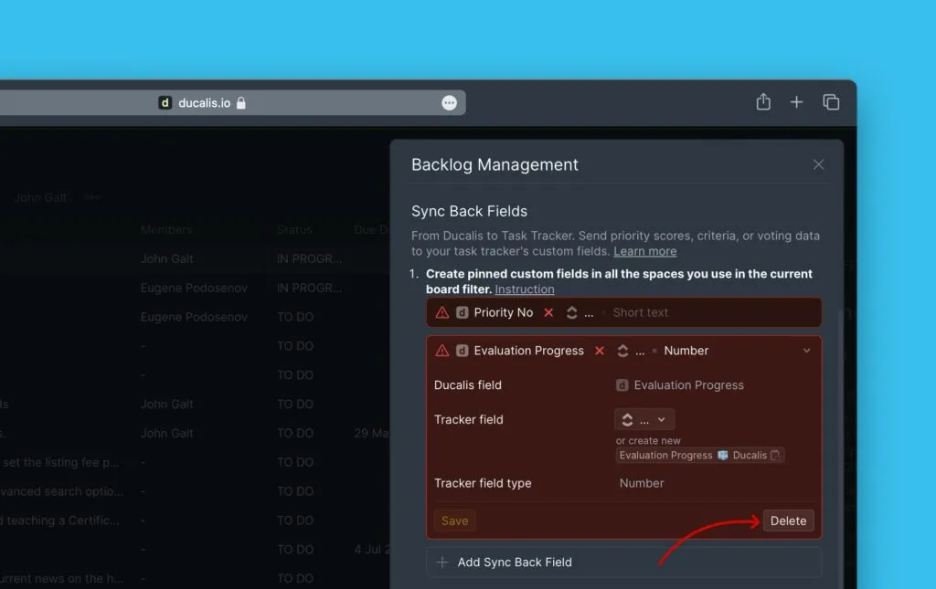 デフォルトの逆同期フィールドを削除