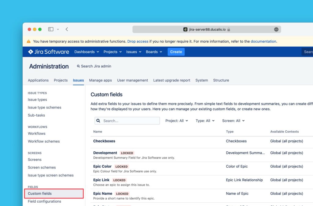 Option für benutzerdefinierte Felder im linken Navigationsmenü