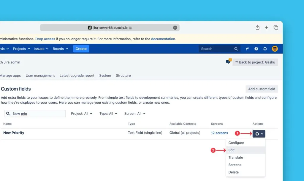 フィールドアクションメニューの編集オプション