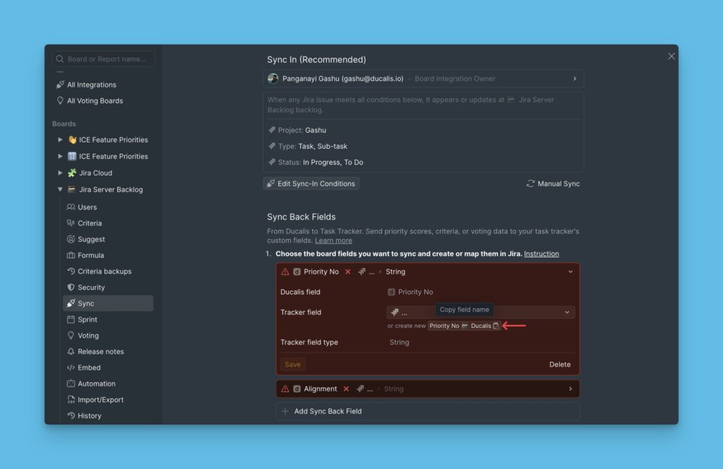 Feldname in der Produktoberfläche zum Kopieren bereit