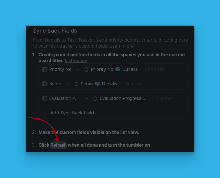 Aktualisieren-Schaltfläche in der Sync Back-Oberfläche