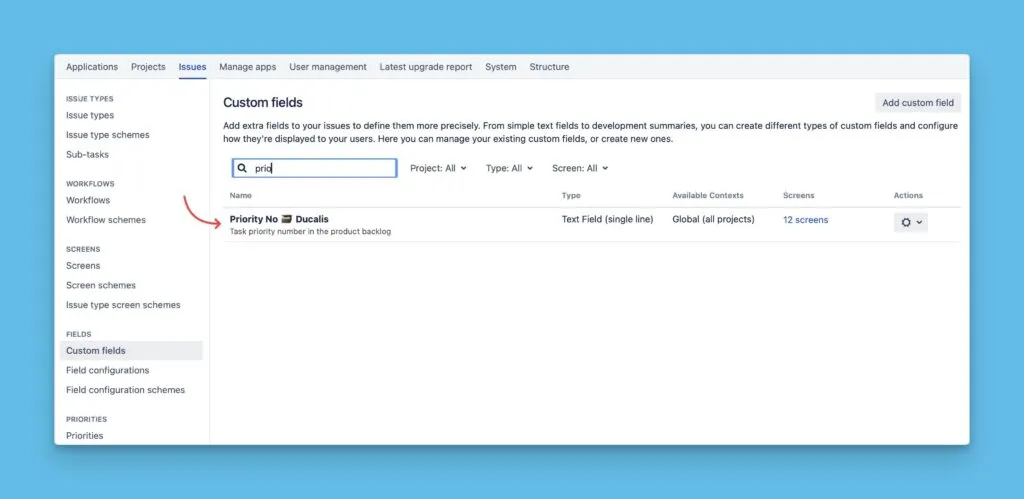 新しい名前が表示された更新済みカスタムフィールド