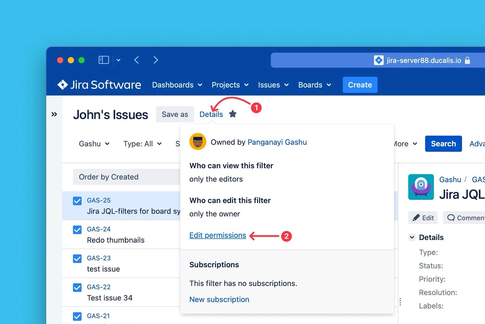 フィルタの詳細と権限
