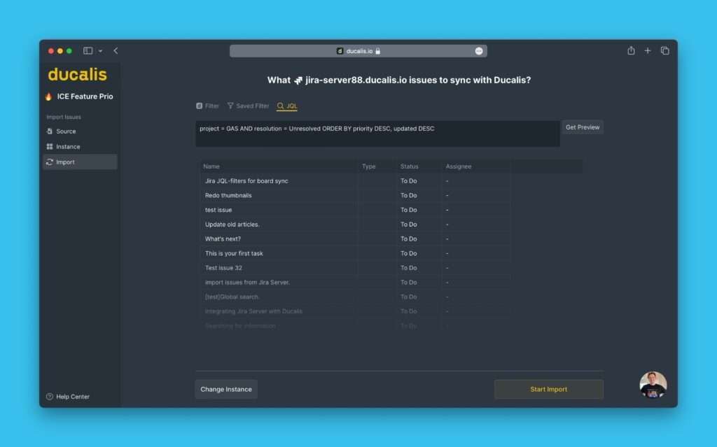 Vorschau der Vorgänge für JQL-Abfrage