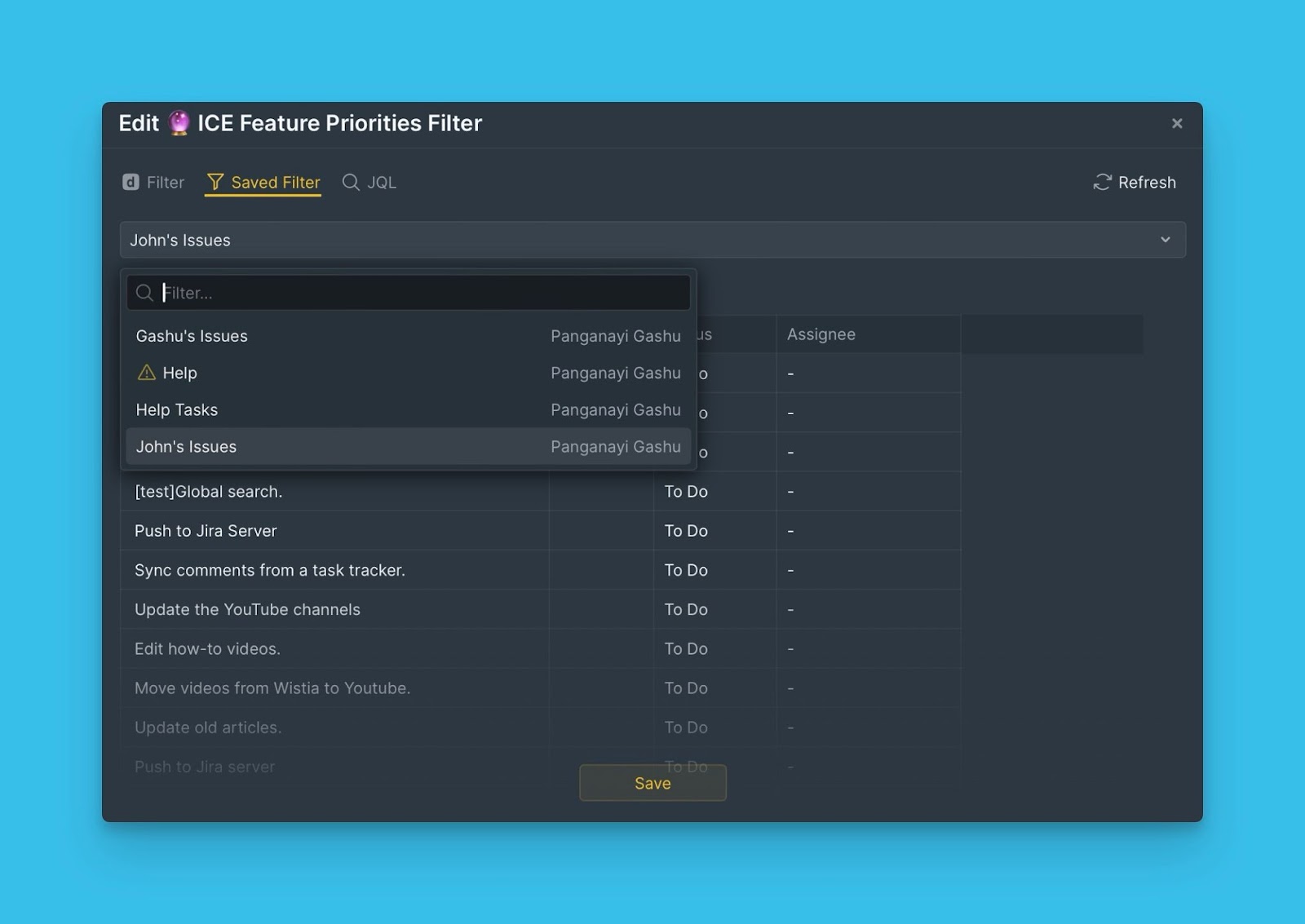 Bearbeitungsoberfläche für Jira-Filter