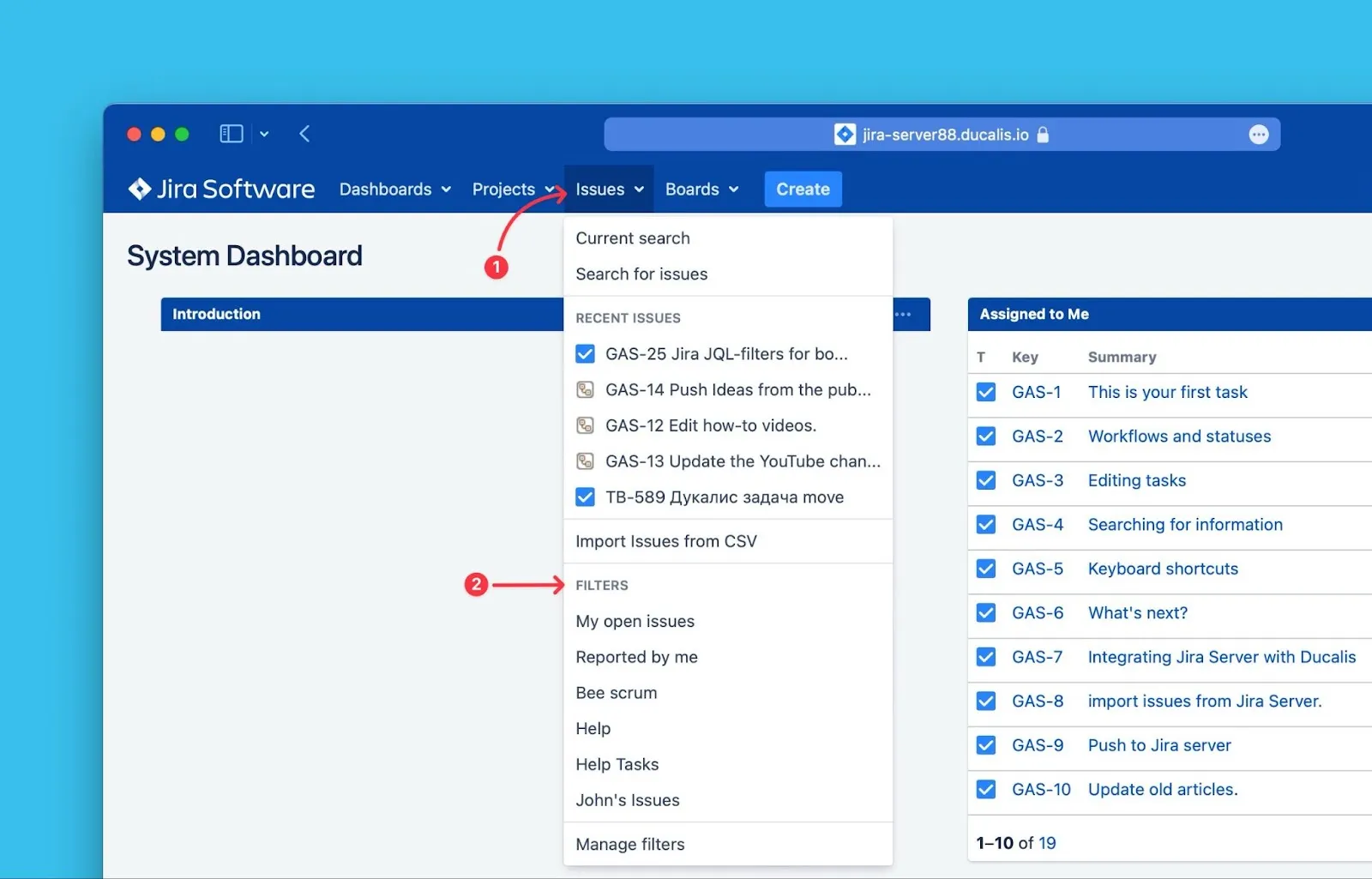 フィルタオプションのある課題メニュー