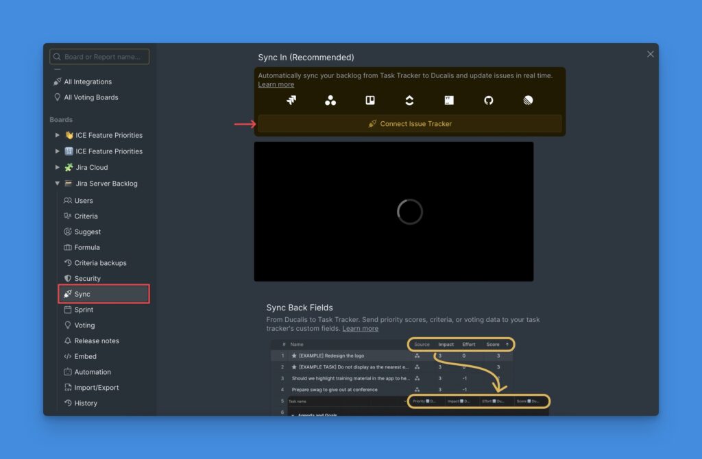 Connect Issue Tracker-Schaltfläche in den Sync-Einstellungen