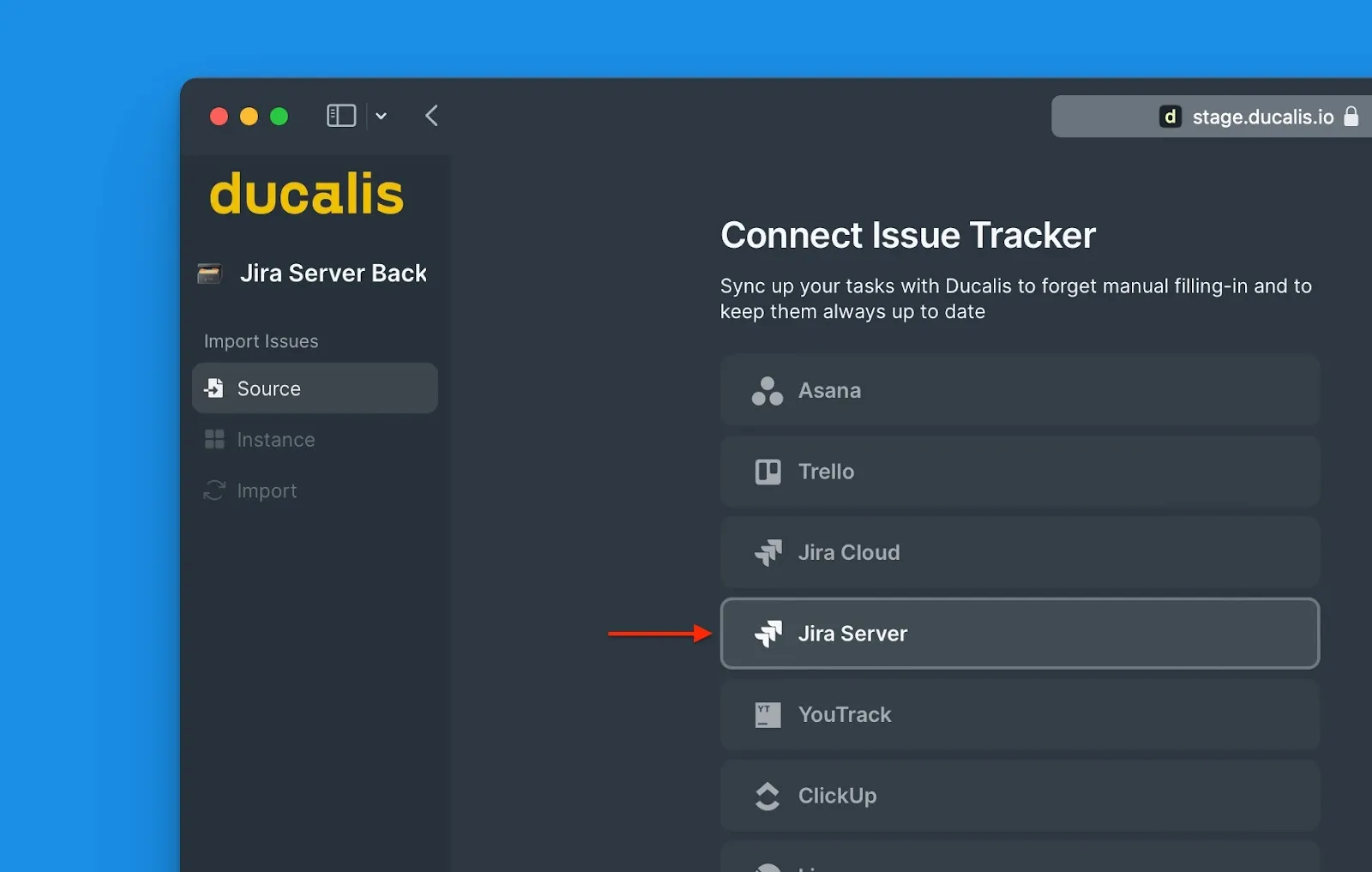 Jira Server オプションを示すソース選択