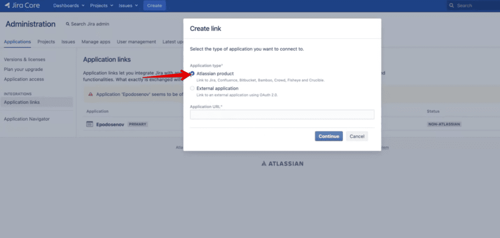 Application URL フィールドを含む Atlassian Product の選択