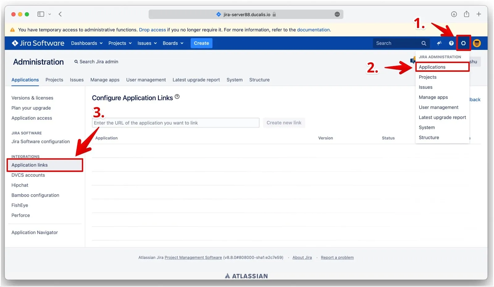 Jira Server 管理画面の Application links オプション