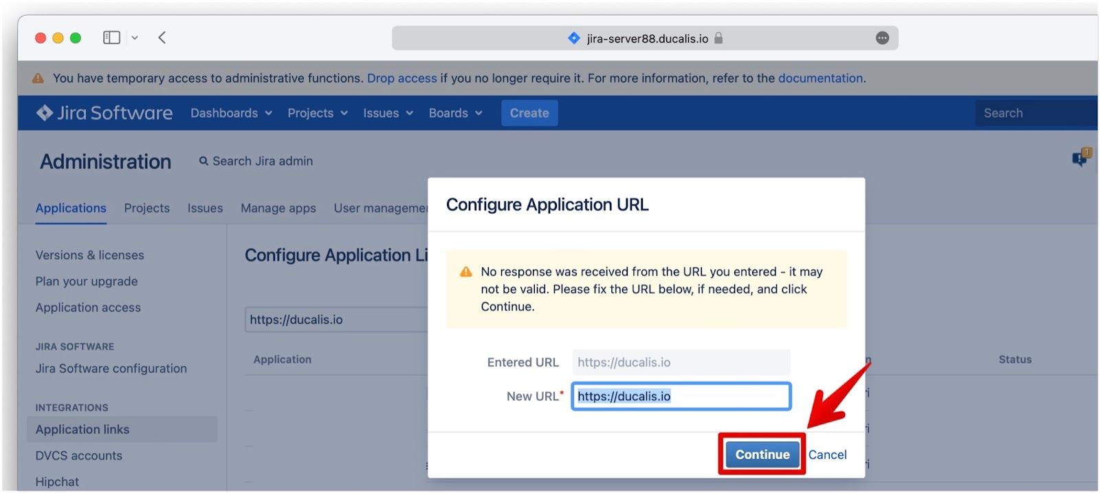 Configure Application URL-Dialog