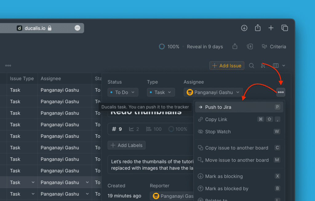 省略記号メニューの Push to Jira オプション