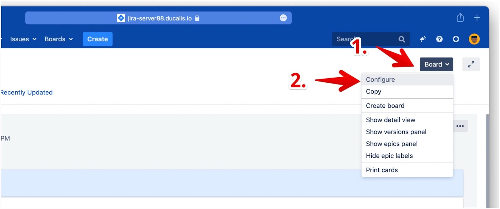 Board-Menü mit Configure-Option