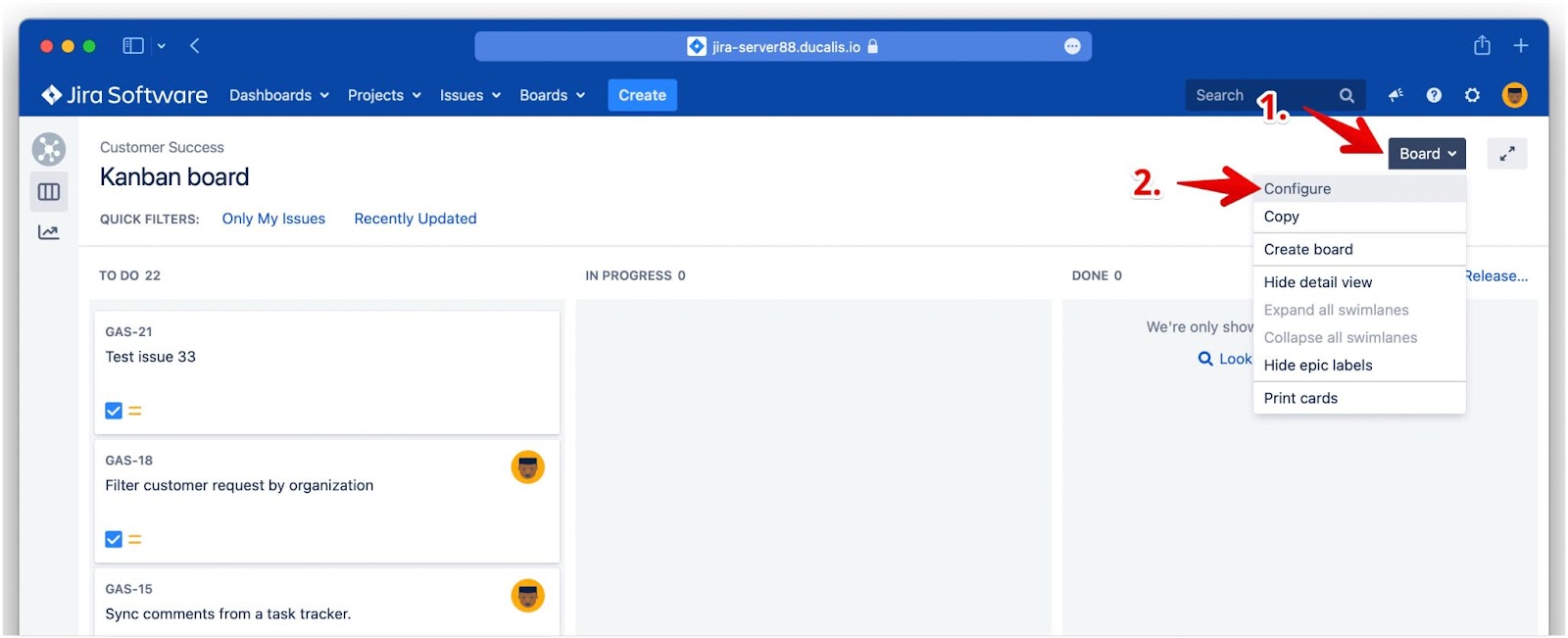 Board-Menü mit Configure-Option