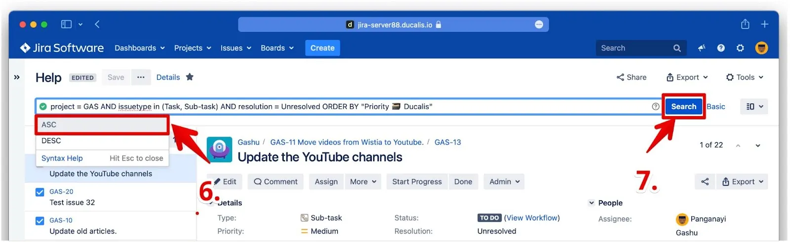 JQL での ASC ソートオプション