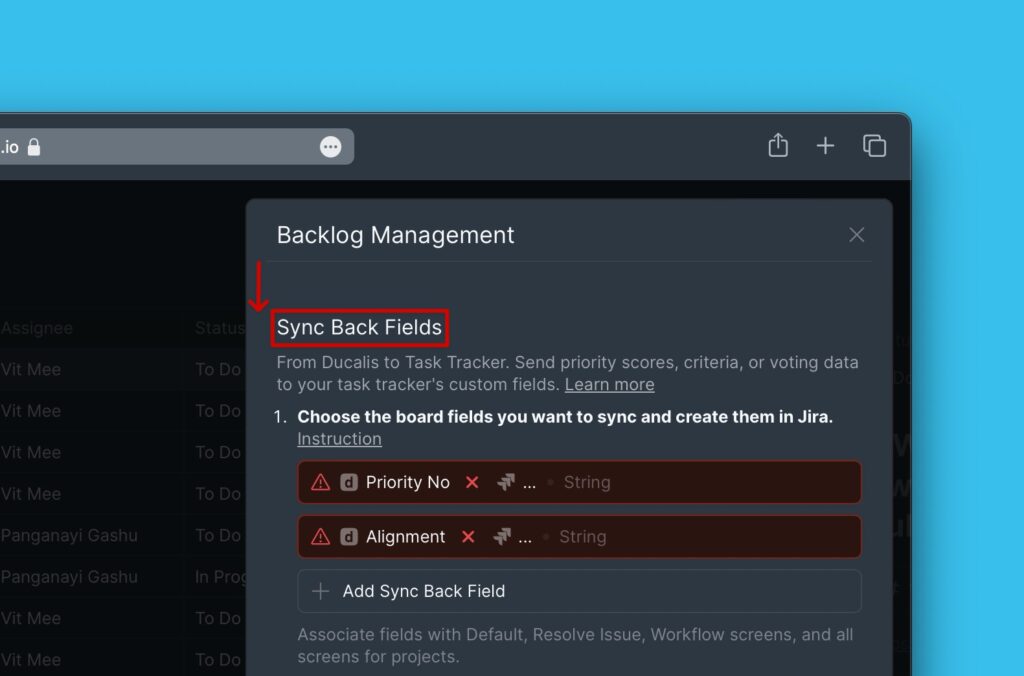 Sync-Back-Felder-Zuordnungsoberfläche