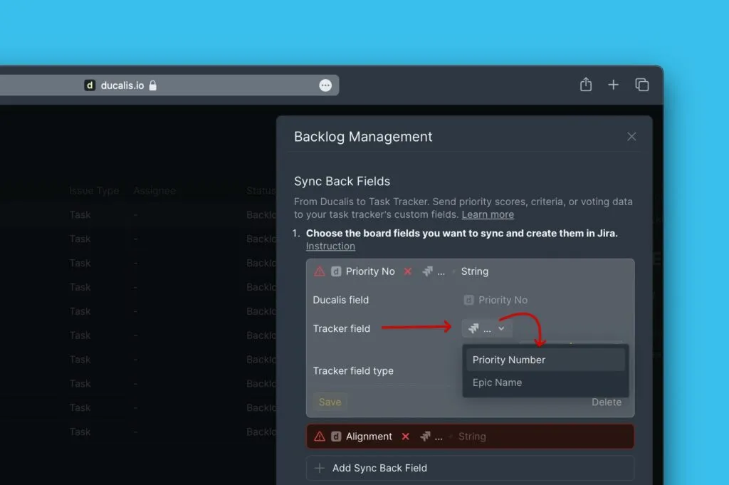 ドロップダウンからトラッカーフィールドを選択