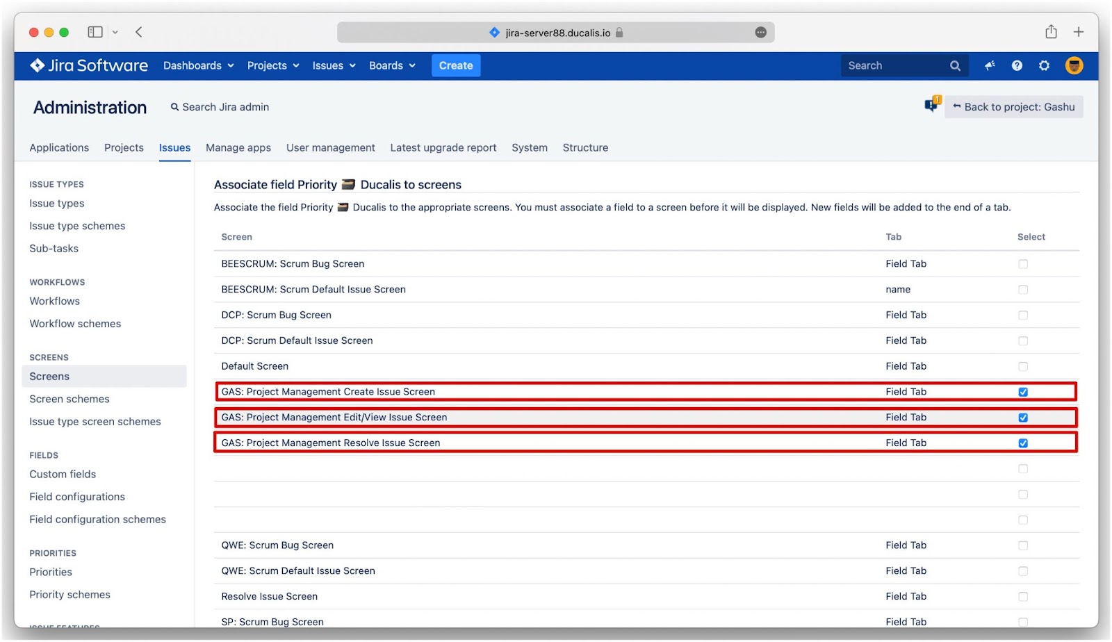 Projekt-Bildschirme auswählen