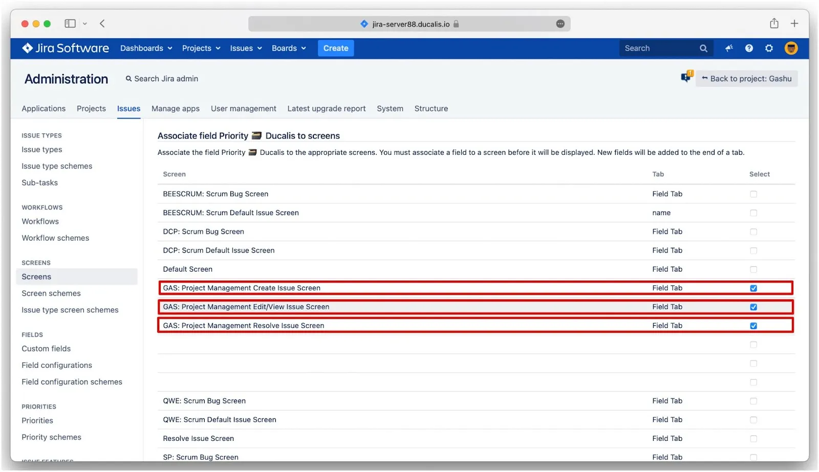プロジェクト画面を選択