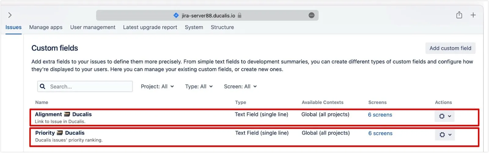 複数のカスタムフィールドが作成された状態