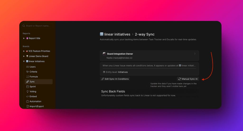 Button Manual Sync-In für Linear Initiatives
