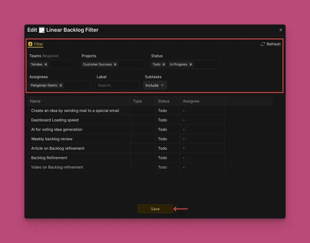 フィルタ変更を保存
