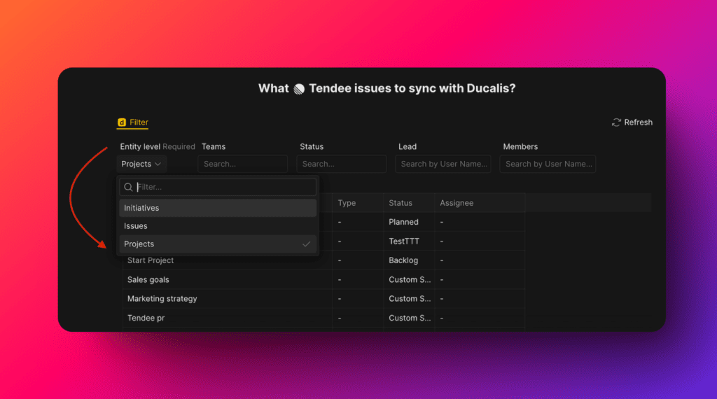 Projects-Entitätsebene auswählen