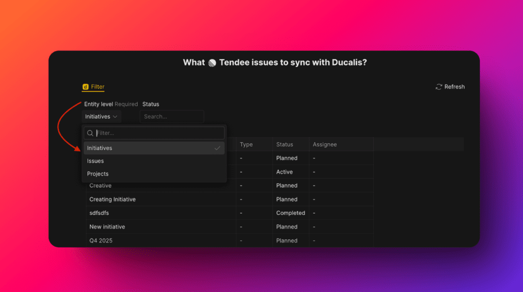 Initiatives-Entitätsebene auswählen