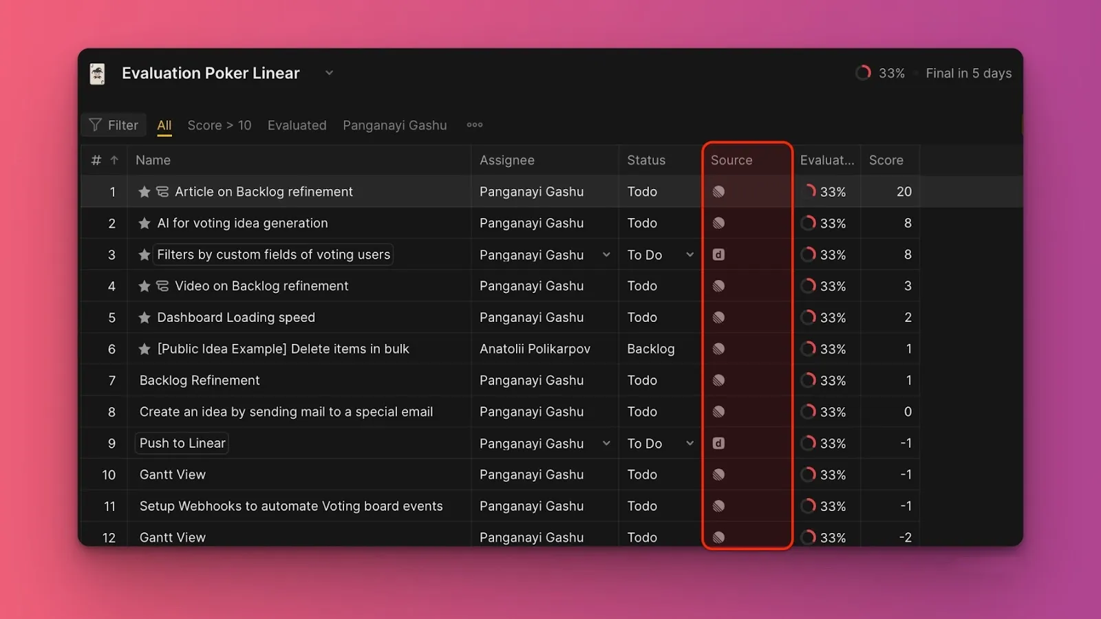 製品と Linear のアイコンが表示されたボード