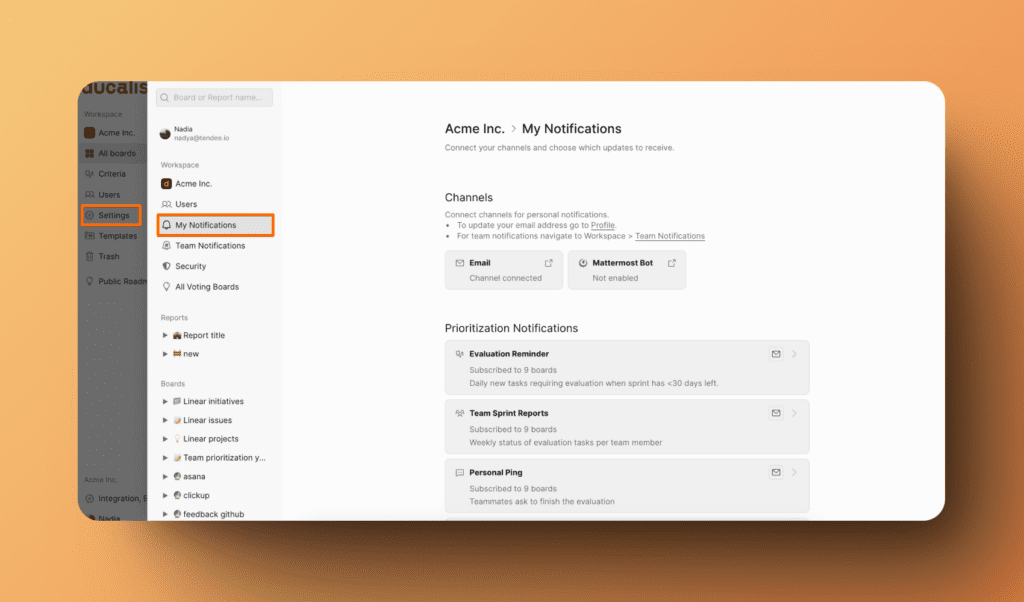My Notifications がハイライトされた Settings メニュー