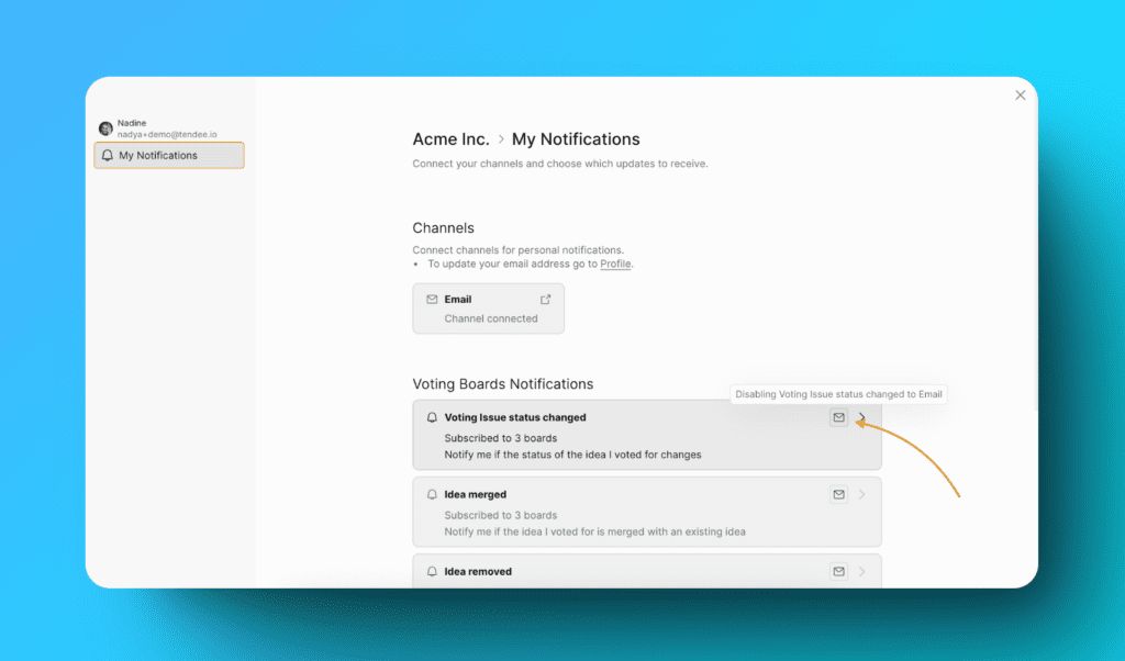 Benachrichtigungseinstellungen mit Umschalt-Optionen