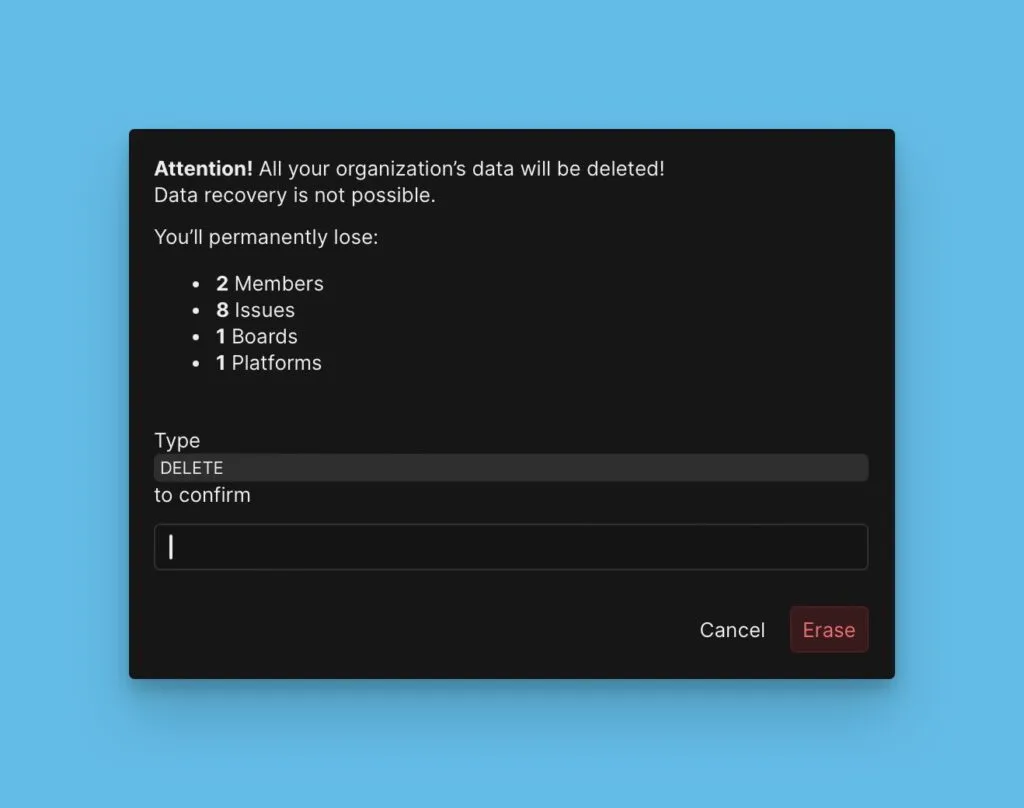 オーガニゼーション消去の最終確認