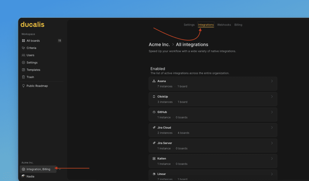 Navigation zu Integrationen und Abrechnung