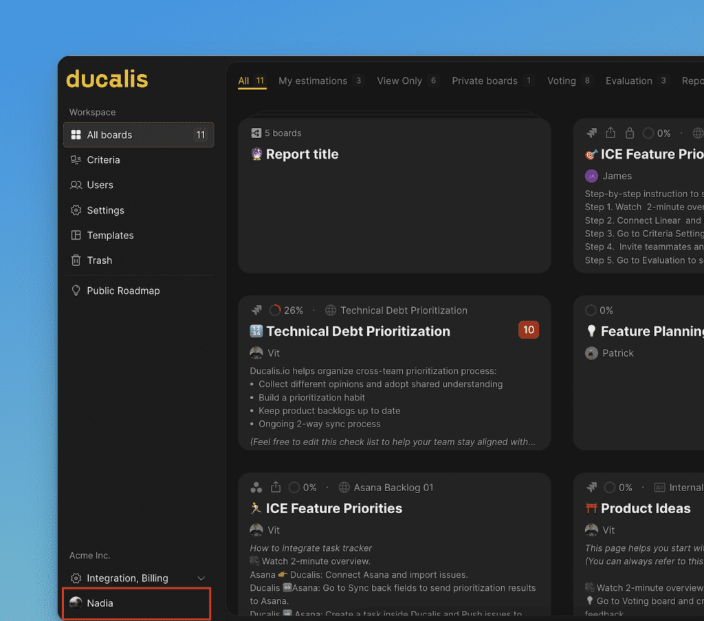 アカウント設定を表示するアバターメニュー