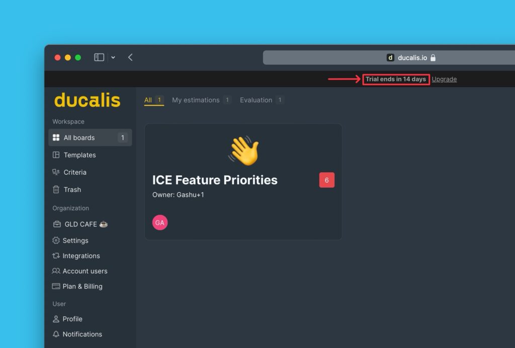 Testzeitraum-Countdown oben auf dem Bildschirm