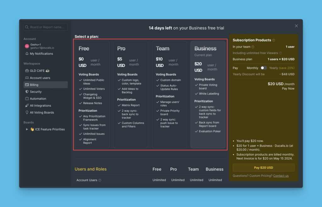 Planauswahl-Bildschirm