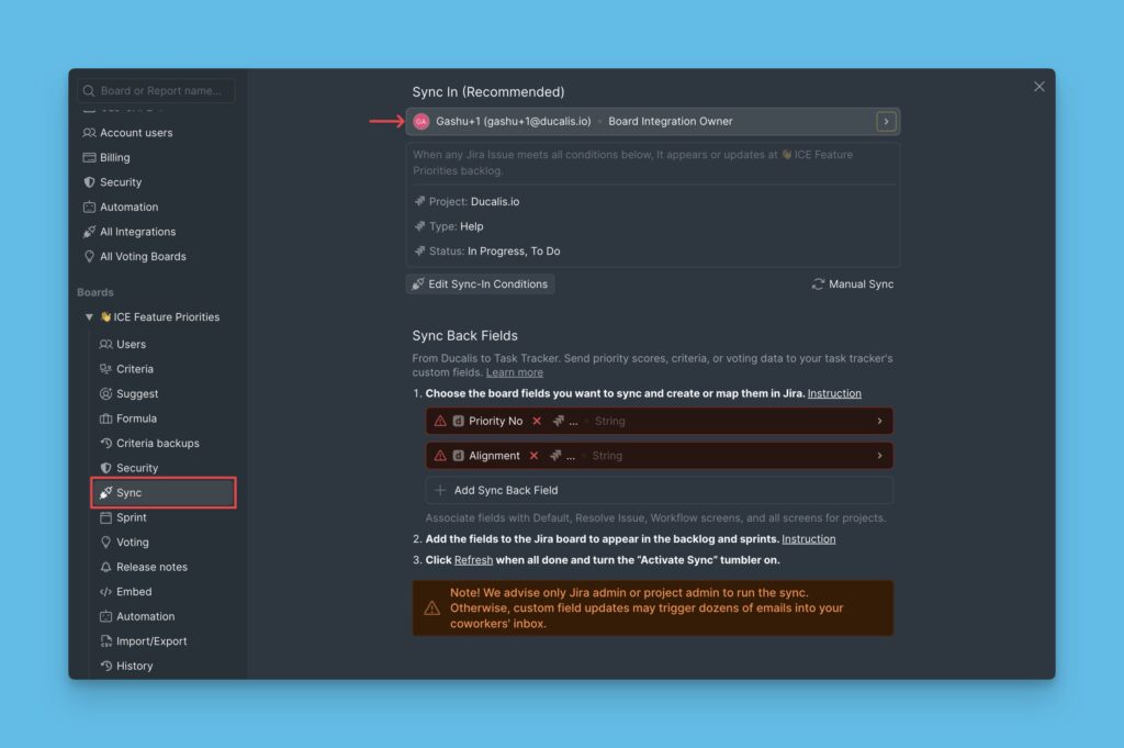 Board-Eigentümer-Abschnitt in den Sync In-Einstellungen