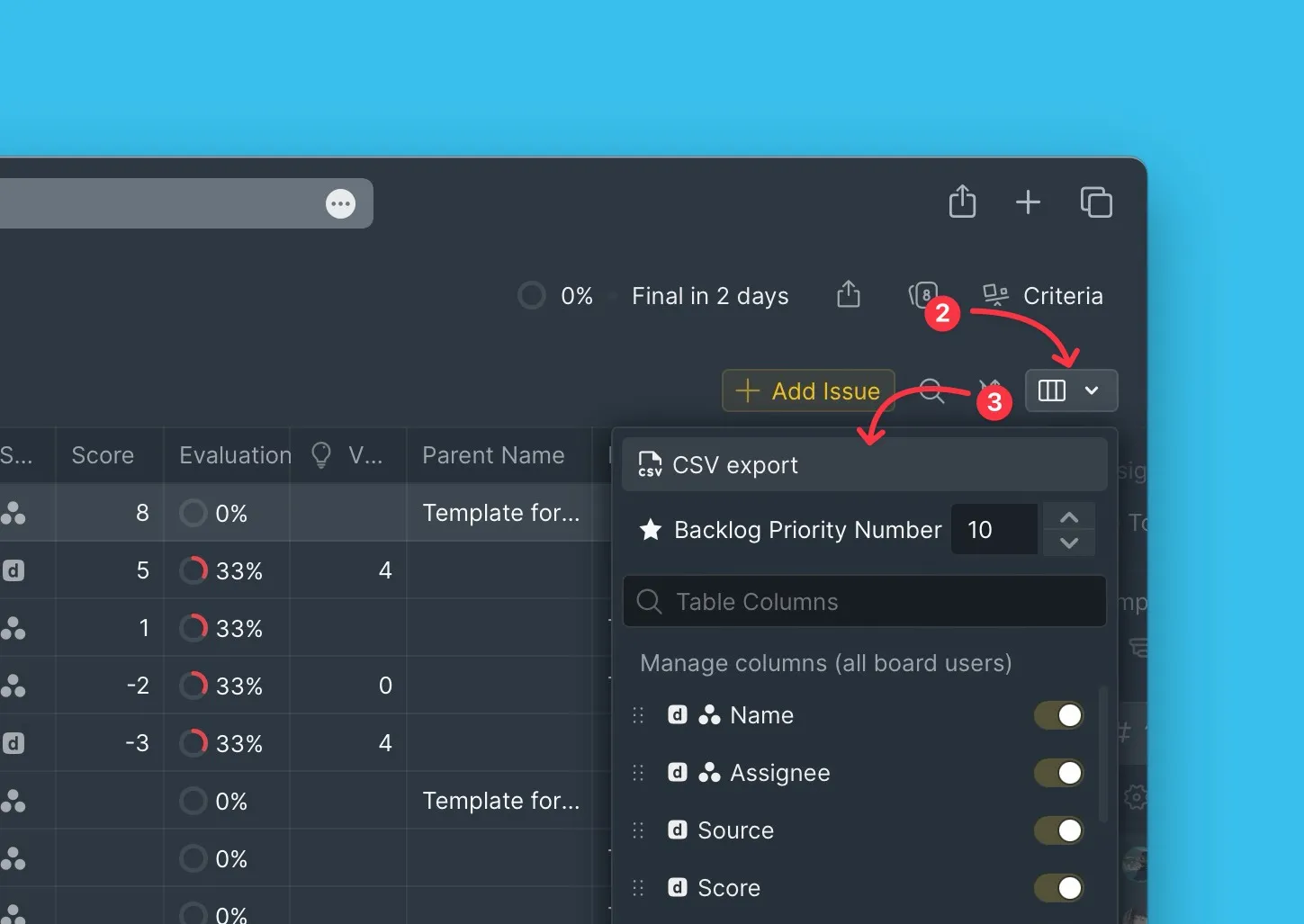 CSV エクスポートボタンの位置