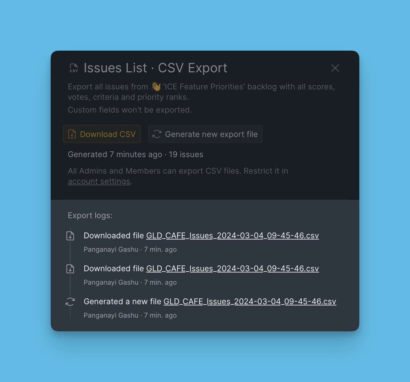 Exportprotokoll mit Exportverlauf