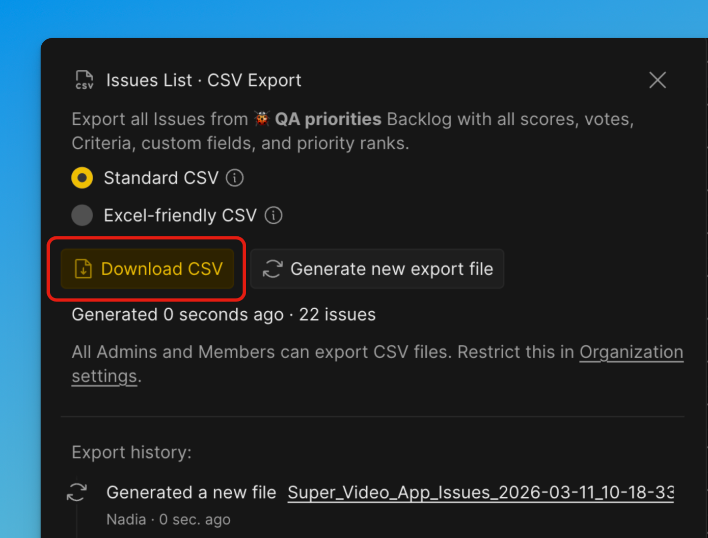 CSV ファイルのダウンロード
