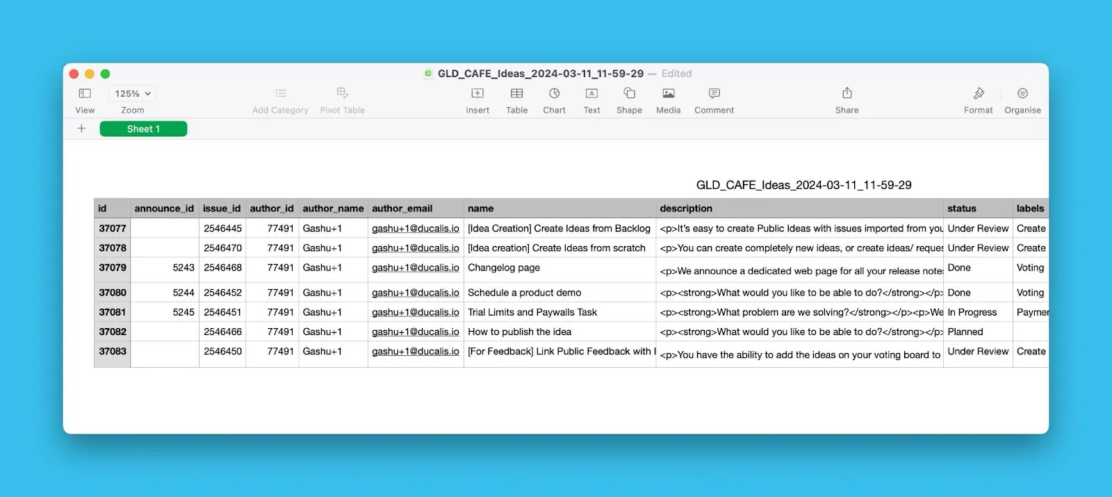 アイデアデータを含む CSV ファイルの例 パート 1