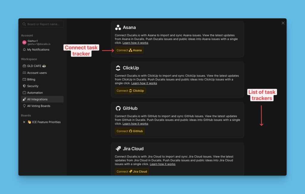 Integrationen-Seite mit verfügbaren Task-Trackern