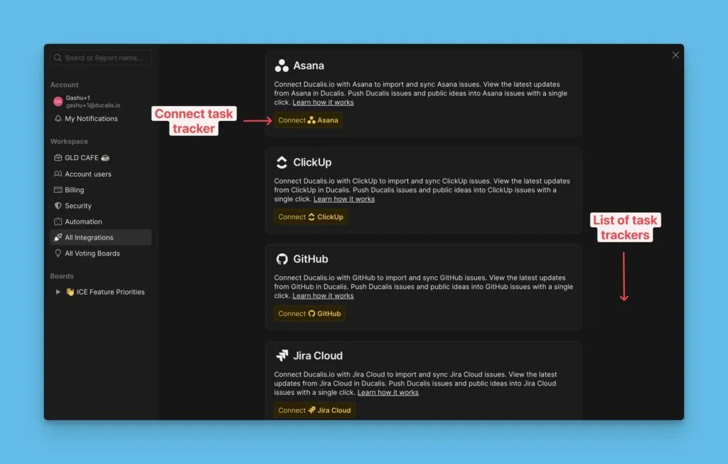 利用可能なタスクトラッカーを表示するインテグレーションページ