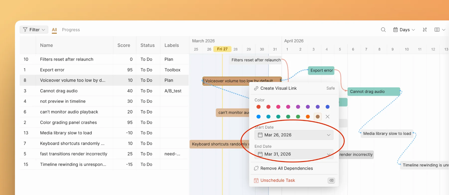 Başlangıç Tarihi ve Bitiş Tarihi alanlarını gösteren bağlam menüsü